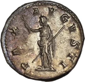 Pax tournée à gauche et tenant un rameau d'olivier et d'un sceptre long.