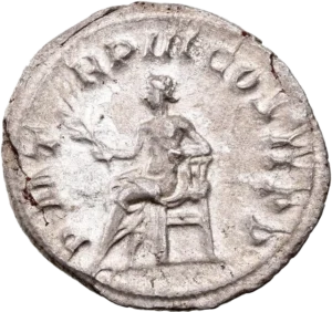 Apollon à demi-nu, assis à gauche, tenant une branche de laurier, le bras gauche appuyé sur sa lyre posée sur le siège.