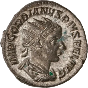 Buste radié, drapé et cuirassé de Gordien III à droite.