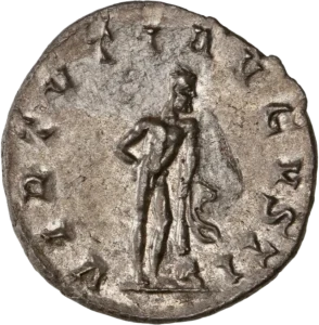 Hercule en nudité héroïque, regardant à droite, tenan une massue posée sur un rocher. A côté de la massue, se trouve la léonté.