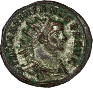 Buste radié, casqué et cuirassé de Maximien à droite.