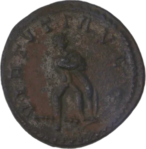 Buste radié, casqué et cuirassé de Maximien à droite.