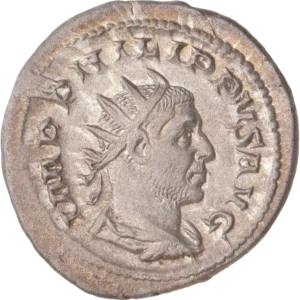 Buste radié, drapé et cuirassé de Philippe Ier à droite.