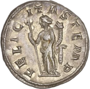 Felicitas (la Félicité) debout de face, tournée à gauche, tenant un long caducée et une corne d'abondance.