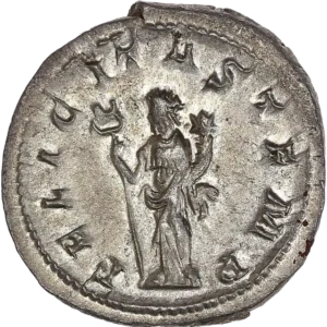 Felicitas (la Félicité) debout de face, tournée à gauche, tenant un long caducée et une corne d'abondance.