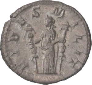 La Fidélité debout tenant deux enseignes militaires.