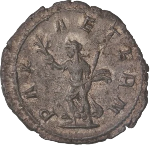 La Paix tournée à gauche un sceptre et un rameau d'oliver.