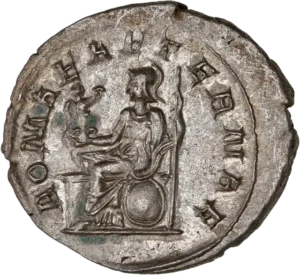 Roma assise à gauche, tenant une victoriola et un long sceptre.