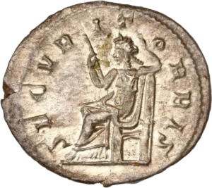 Securitas assise à gauche, tenant un sceptre.