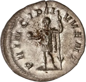 Philippe II, vêtu militairement, tourné à droite et tenant une haste et un globe.