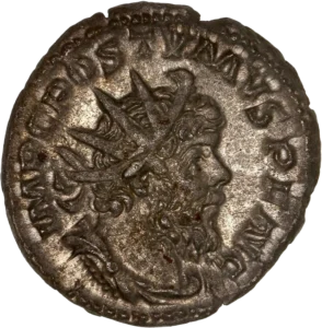 Buste radié, radié et cuirassé de Postume à droite.