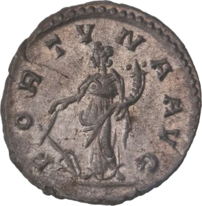 La Fortune tournée à gauche, tenant une corne d'abondance et menant une proue de navire.