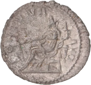 Buste radié, drapé et cuirassé de Postume à droite.