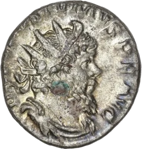 Buste radié, drapé et cuirassé de Postume à droite.