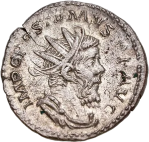 Buste radié, drapé et cuirassé de Postume à droite.