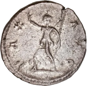 Pax allant à gauche, tenant une haste et un rameau d'olivier.