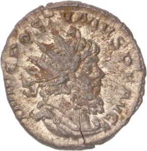 Buste radié, drapé et cuirassé de Postume à droite.