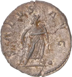 Esculape, tourné à gauche, drapé à mi corps, tenant un pan de sa toge et appuyé sur son bâton sur lequel est enroulé un serpent. A ses pieds, à droite, un globe.