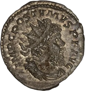 Buste radié, drapé et cuirassé de Postume à droite.