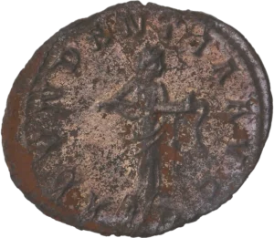 L'abondance se tenant debout à droite, déversant une liquide de sa corne d'abondance.