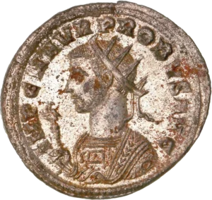 Sol, tourné vers la gauche, tenant un globe et levant la main.