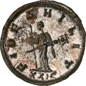 La Fidelité de l'armée debout à gauche tenant un long sceptre et un étendard.