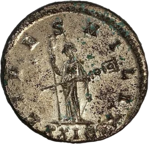 La Fidélité (Fides) debout à gauche tenant un sceptre long et une enseigne transversale