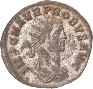 Buste radié, drapé et cuirassé de Probus à droite.