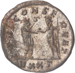 Jupiter tenant un long sceptre et tendant un globe à l'empereur.