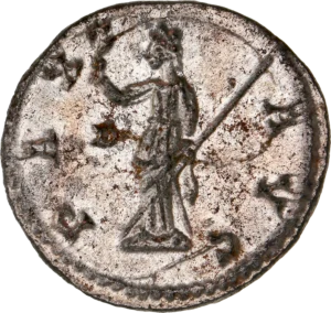 La Paix, tournée à gauche tenant un long sceptre et un rameau d'olivier.