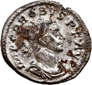 Buste radié, drapé et cuirassé de Probus à droite.