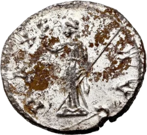 Pax, à gauche, tenant un rameau d'olivier et un sceptre transversal.