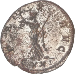 La Paix tournée à gauche tenant un sceptre et une victoriola.