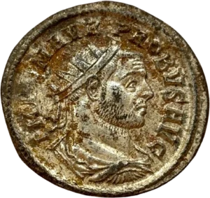 Buste radié, drapé et cuirassé de Probus à droite vu de 3/4 en arrière.
