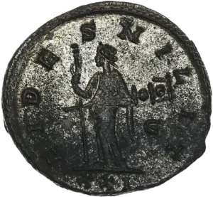 Fides à droite, tenant un long sceptre et un étendard militaire