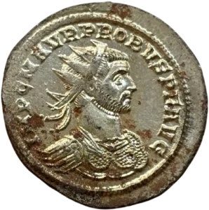 Rome (Roma) assise à gauche dans un temple, tenant une victoire de la main droite et un sceptre de la main gauche.