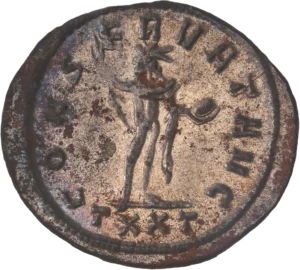 Buste radié, drapé et cuirassé de l'empereur Probus à droite.