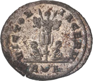 Trophée composé d'armures et d'armes germaniques. A ses pieds, deux captifs germains enchainés.