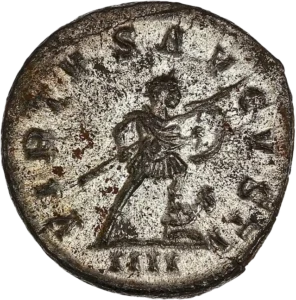 Virtus avançant à droite, tenant un bouclier et une lance. A ses pieds, un prisonnier.