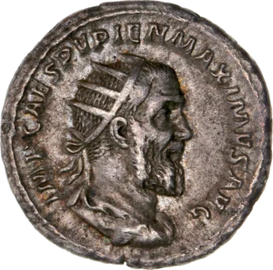 Buste radié, drapé et cuirassé de Pupien à droite.