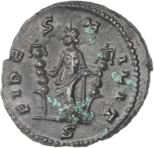 Buste radié, drapé et cuirassé de Quintille à droite.