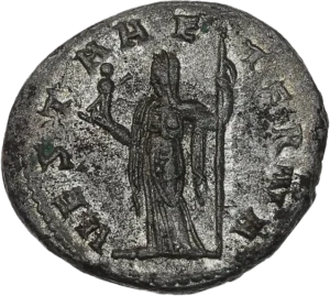 Vesta, voilée et drapée debout à gauche, tenant le palladium et un sceptre long.