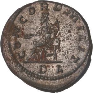 La Concorde assise à gauche, tenant une patère et une corne d'abondance.