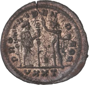 Fides debout à droite, tenant une enseigne militaire de chaque main, face à Sol radié, debout à gauche, levant la main droite et tenant un globe.