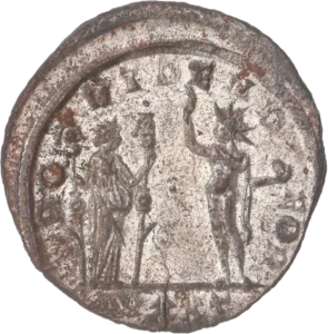 Fides debout à droite, tenant une enseigne militaire de chaque main, face à Sol radié, debout à gauche, levant la main droite et tenant un globe.