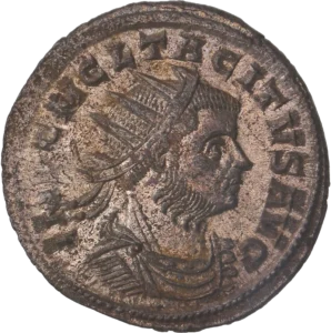 Buste radié, drapé et cuirassé de Tacite à droite.