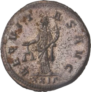 L'Equité debout à gauche, tenant une balance et une corne d'abondance.