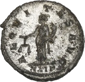 L'Equité debout à gauche, tenant une balance et une corne d'abondance.