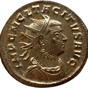 Buste radié, drapé et cuirassé de Tacite à droite.