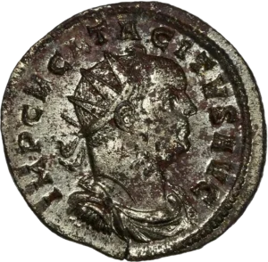 Buste radié, drapé et cuirassé de Tacite à droite.